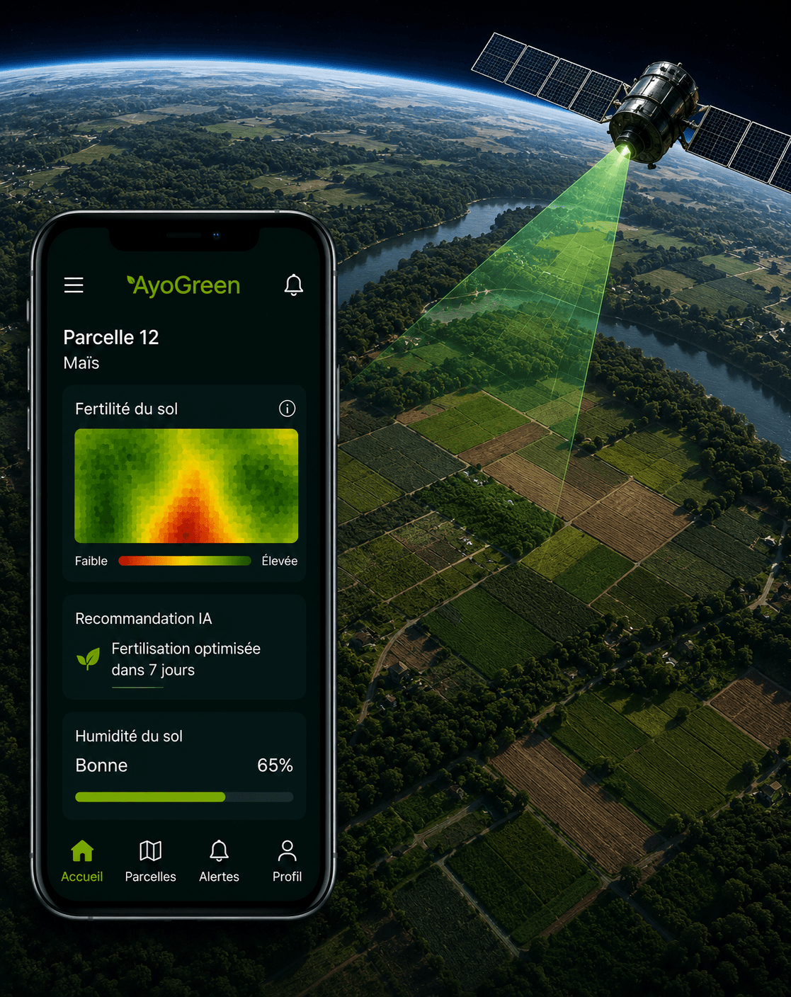 Application AyoGreen avec vue satellite et assistant IA